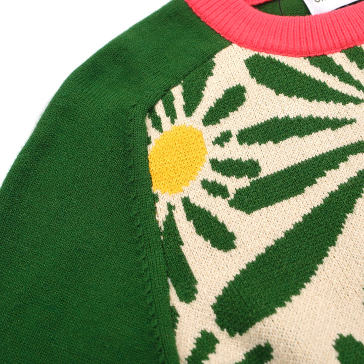 Suéter feminino retrô Daisy – malha floral ousada com mangas contrastantes