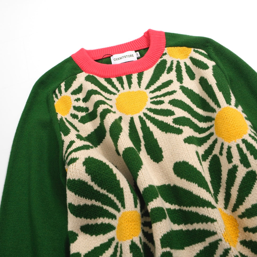 Suéter feminino retrô Daisy – malha floral ousada com mangas contrastantes