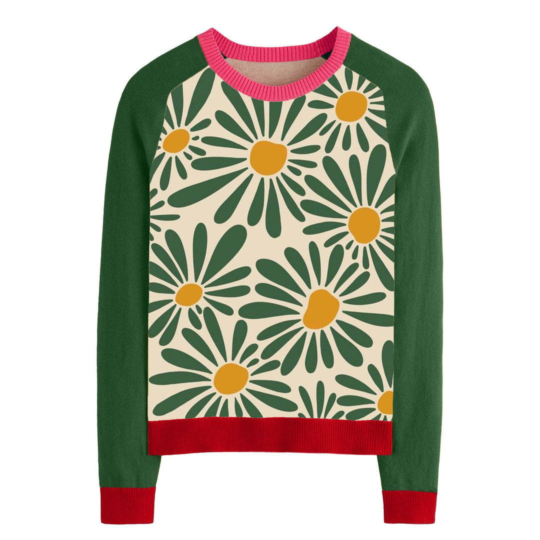 Suéter feminino retrô Daisy – malha floral ousada com mangas contrastantes