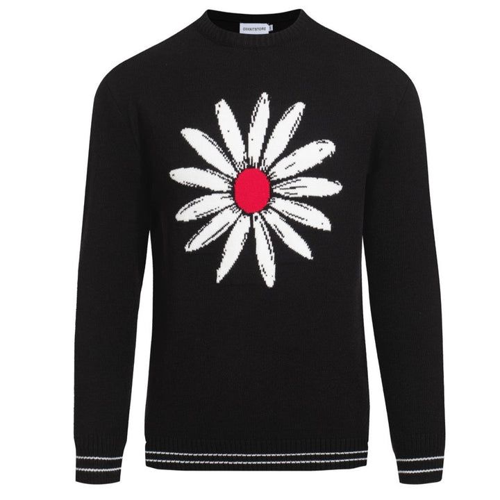 Men's Daisy Knit Sweater – Retro Black Pullover with Large Floral Graphic