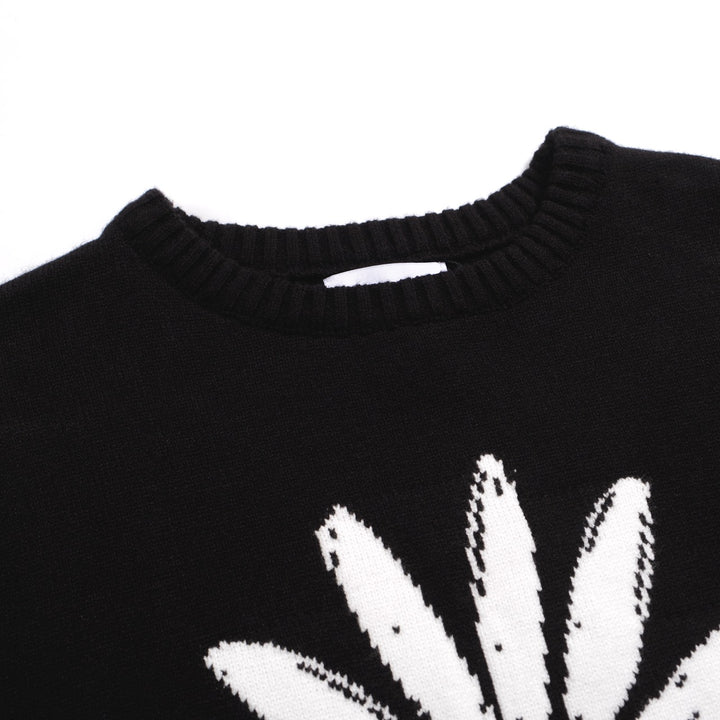 Men's Daisy Knit Sweater – Retro Black Pullover with Large Floral Graphic