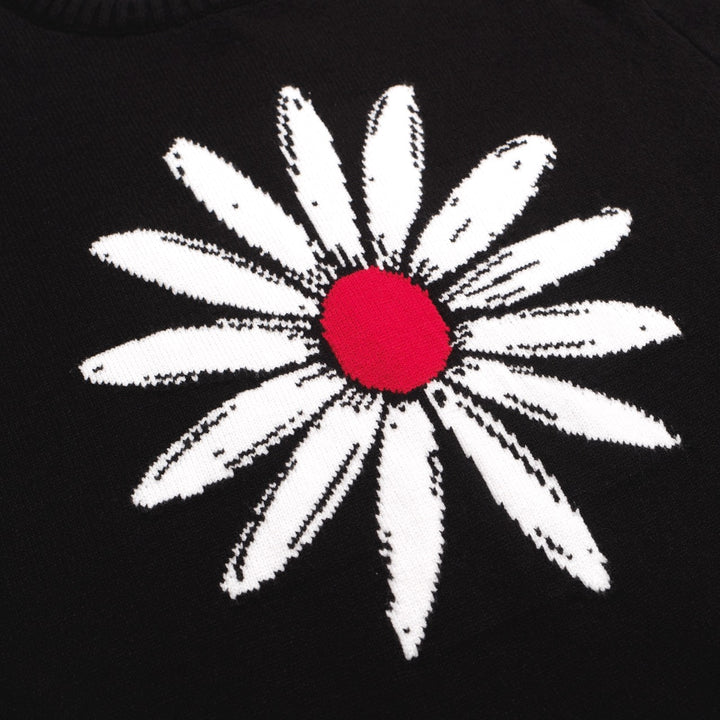 Men's Daisy Knit Sweater – Retro Black Pullover with Large Floral Graphic