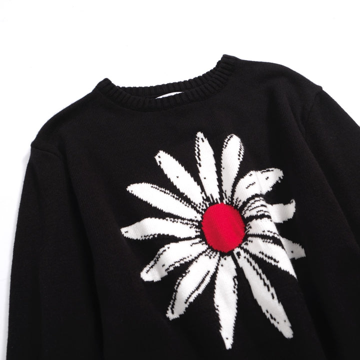 Men's Daisy Knit Sweater – Retro Black Pullover with Large Floral Graphic