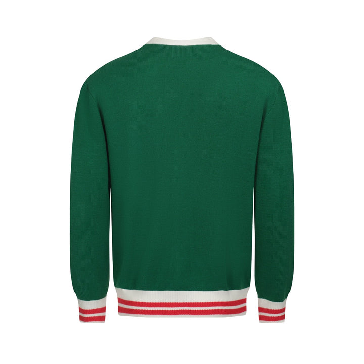 Cardigan de malha estilo universitário retrô masculino – verde com detalhes em vermelho