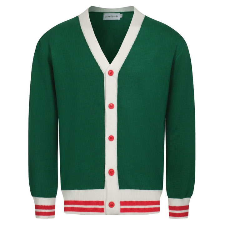 Cardigan de malha estilo universitário retrô masculino – verde com detalhes em vermelho