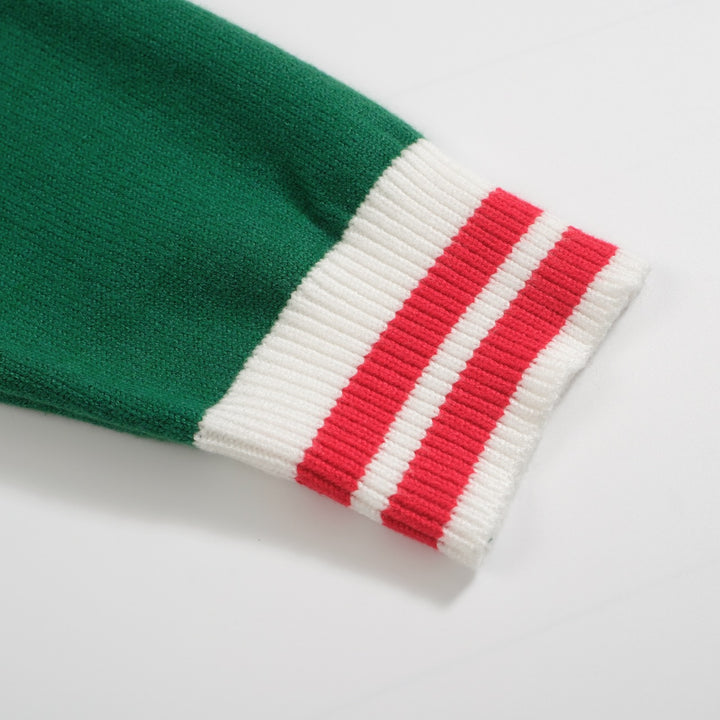 Cardigan de malha estilo universitário retrô masculino – verde com detalhes em vermelho