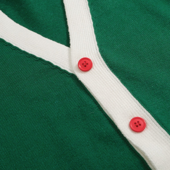 Cardigan de malha estilo universitário retrô masculino – verde com detalhes em vermelho