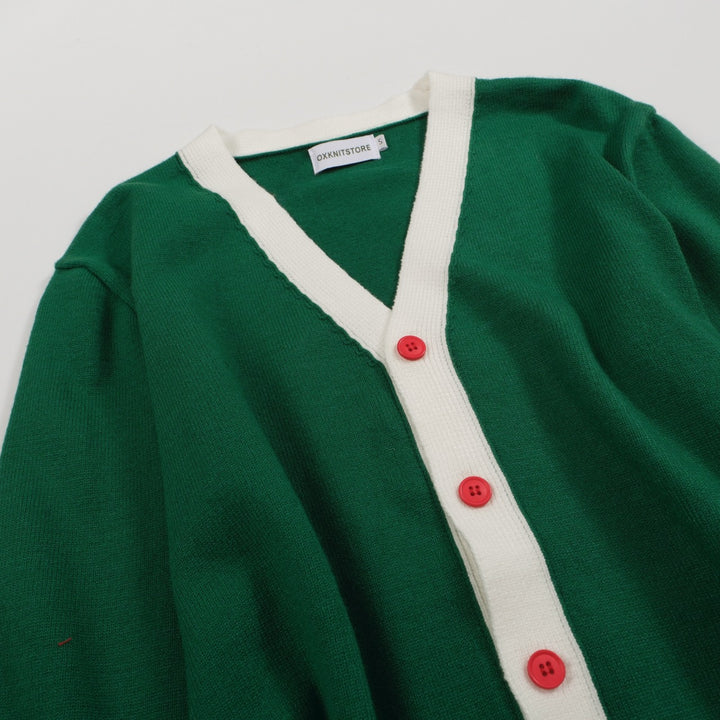 Cardigan de malha estilo universitário retrô masculino – verde com detalhes em vermelho