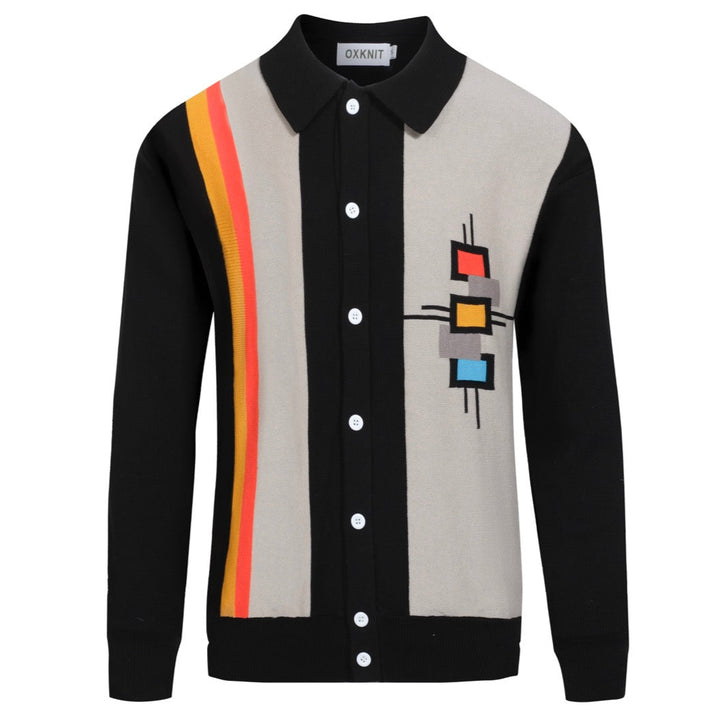 Heren Atomic Geometrisch Gebreid Jasje – Zwart, Taupe & Retro accenten