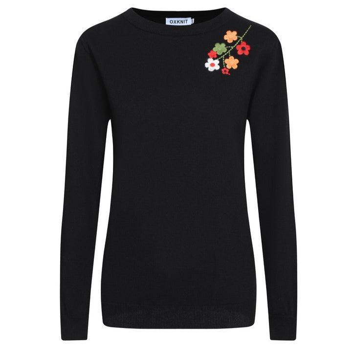 Suéter feminino de malha preta com detalhes florais nos ombros – estilo MOD vintage