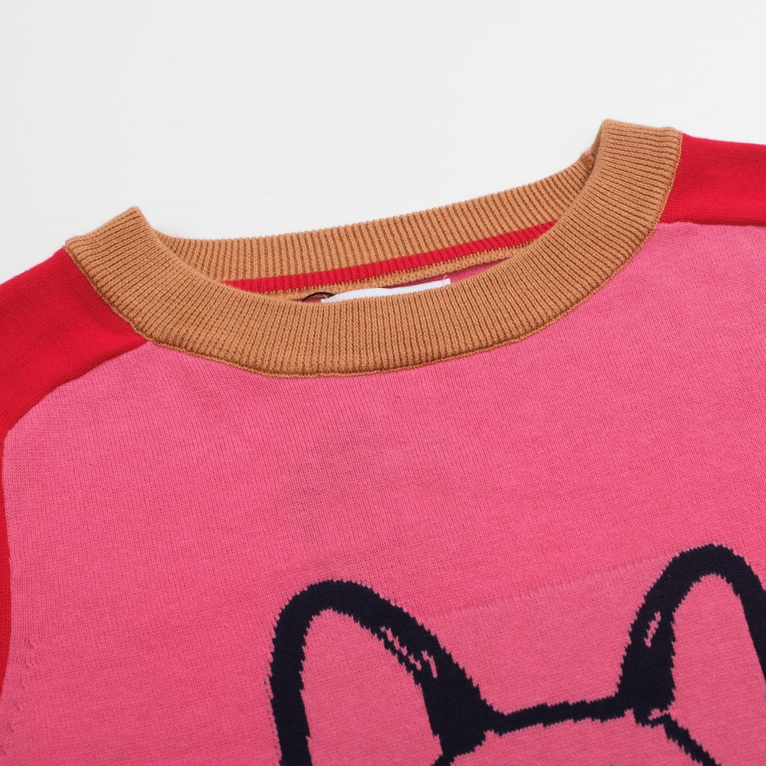 Suéter feminino rosa bulldog francês – mangas vermelhas & Vibe retrô