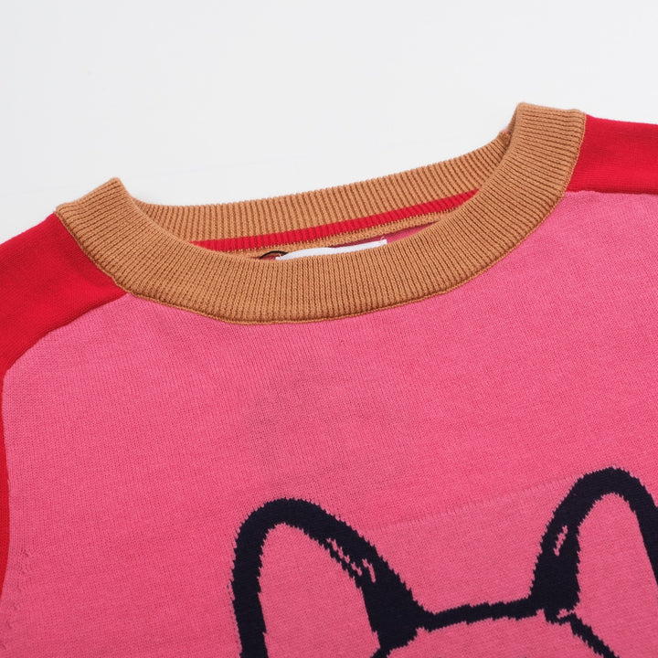 Suéter feminino rosa bulldog francês – mangas vermelhas & Vibe retrô