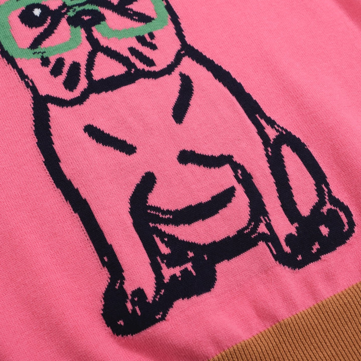 Suéter feminino rosa bulldog francês – mangas vermelhas & Vibe retrô