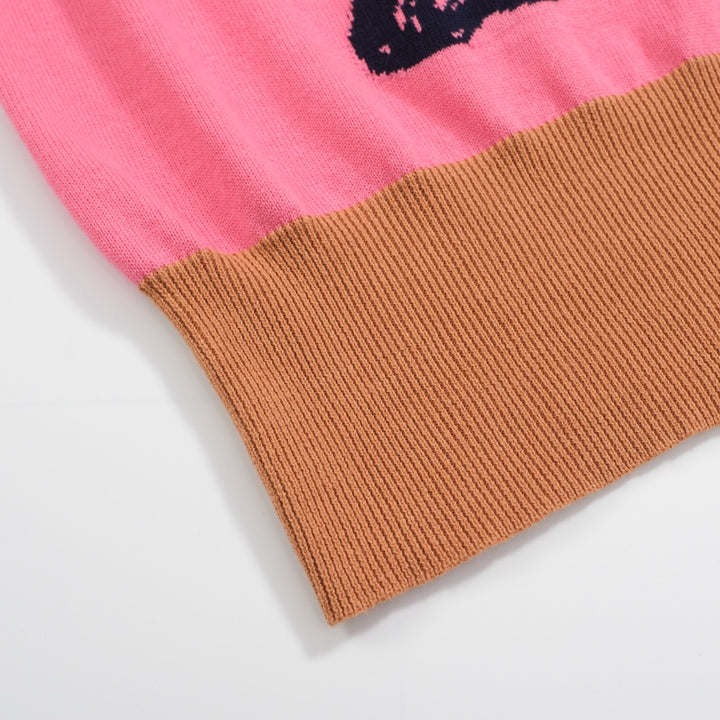 Suéter feminino rosa bulldog francês – mangas vermelhas & Vibe retrô