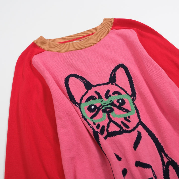 Suéter feminino rosa bulldog francês – mangas vermelhas & Vibe retrô