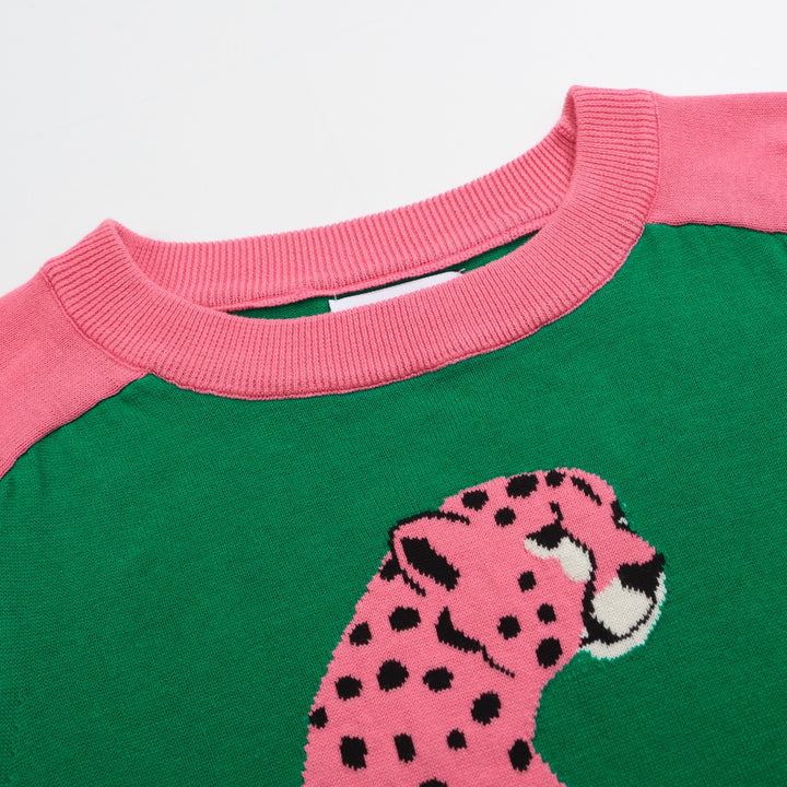 Suéter feminino leopardo rosa – pulôver de malha verde com mangas contrastantes