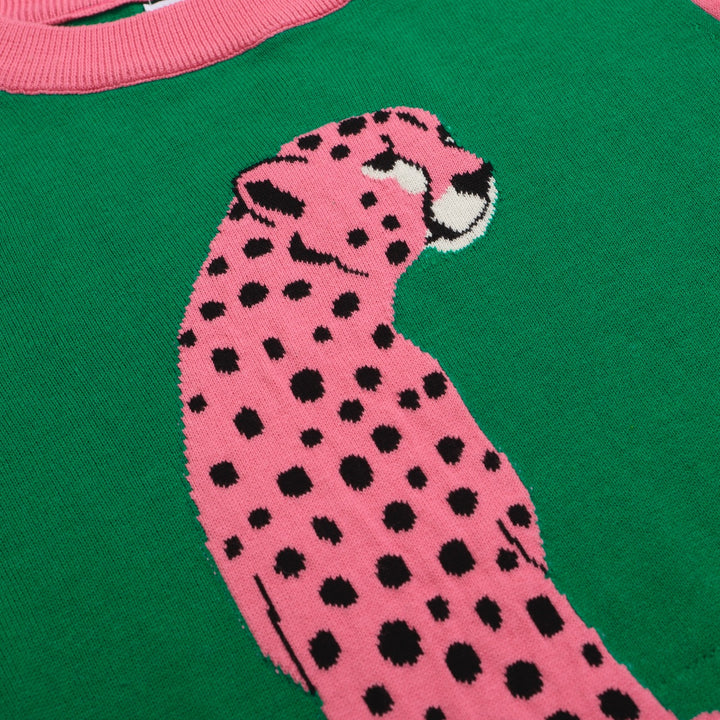 Suéter feminino leopardo rosa – pulôver de malha verde com mangas contrastantes