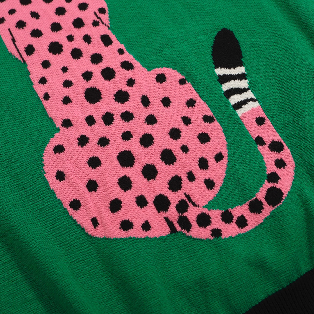 Suéter feminino leopardo rosa – pulôver de malha verde com mangas contrastantes