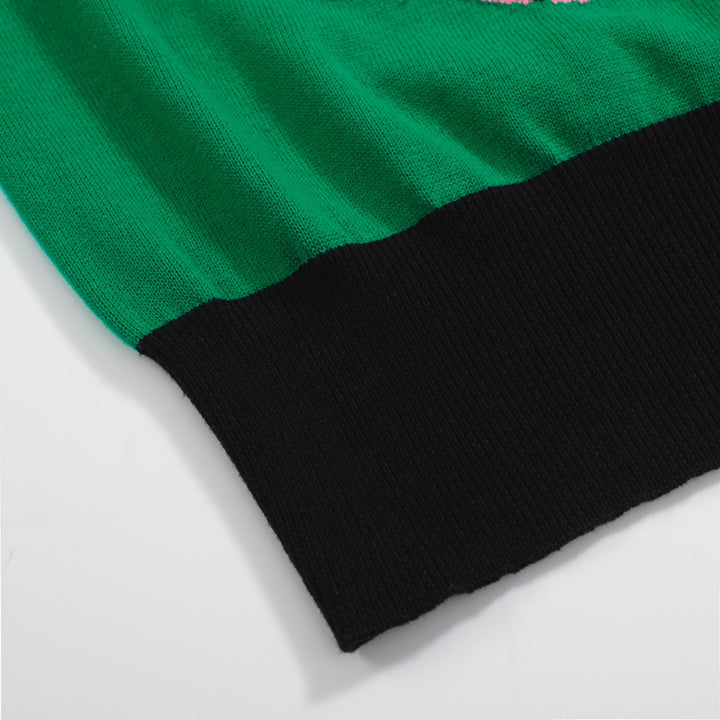 Suéter feminino leopardo rosa – pulôver de malha verde com mangas contrastantes