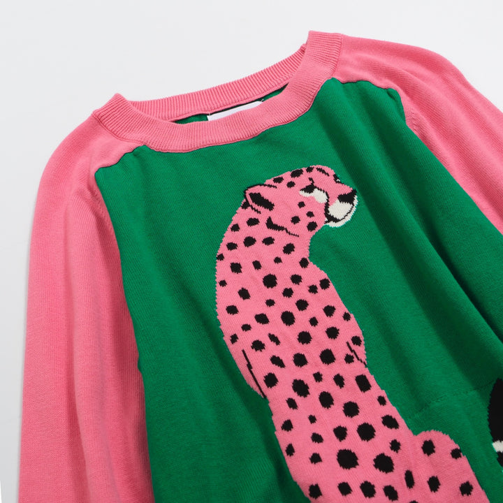 Suéter feminino leopardo rosa – pulôver de malha verde com mangas contrastantes