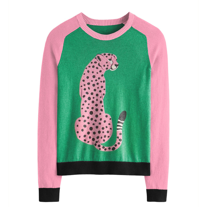Suéter feminino leopardo rosa – pulôver de malha verde com mangas contrastantes