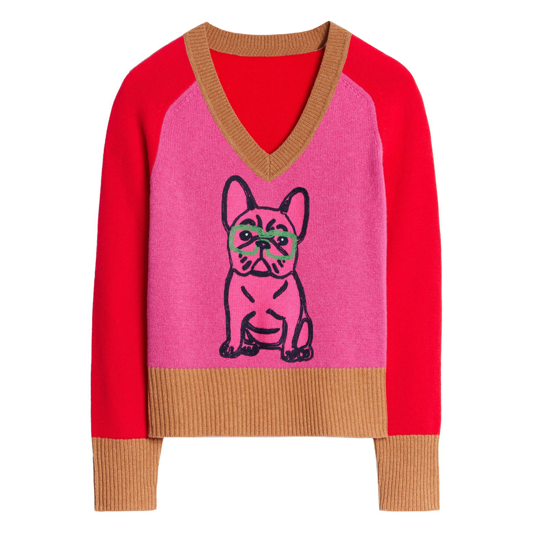 Women's Pink matching pug V-neck sweater