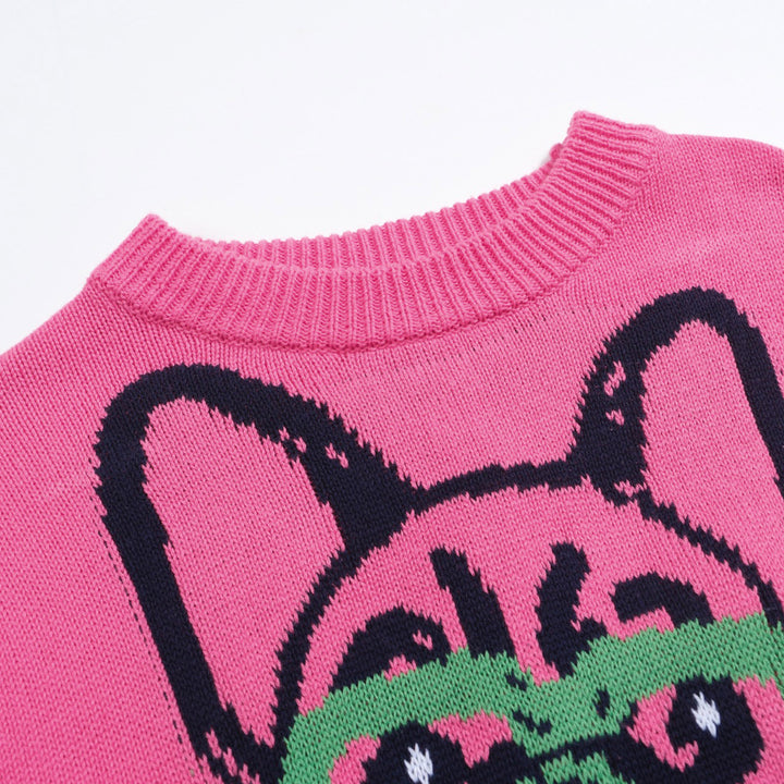 Suéter feminino rosa choque buldogue francês – malha peculiar com óculos e motivo de cachorro