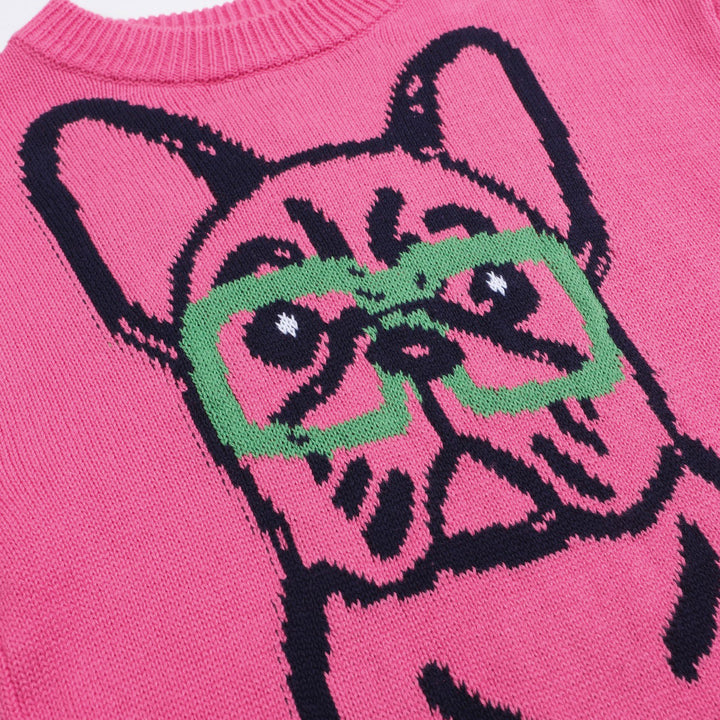 Suéter feminino rosa choque buldogue francês – malha peculiar com óculos e motivo de cachorro