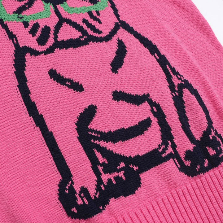 Suéter feminino rosa choque buldogue francês – malha peculiar com óculos e motivo de cachorro