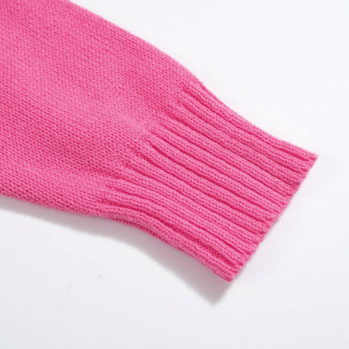 Suéter feminino rosa choque buldogue francês – malha peculiar com óculos e motivo de cachorro