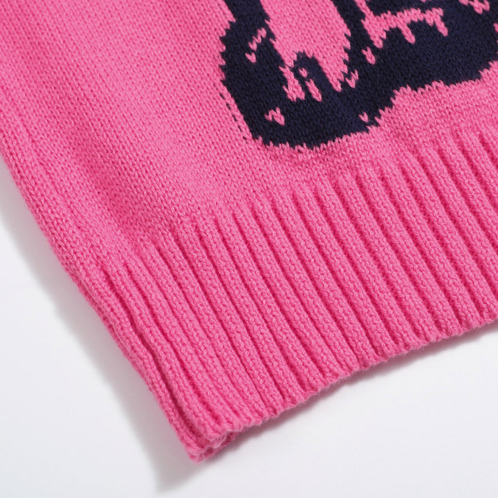 Suéter feminino rosa choque buldogue francês – malha peculiar com óculos e motivo de cachorro