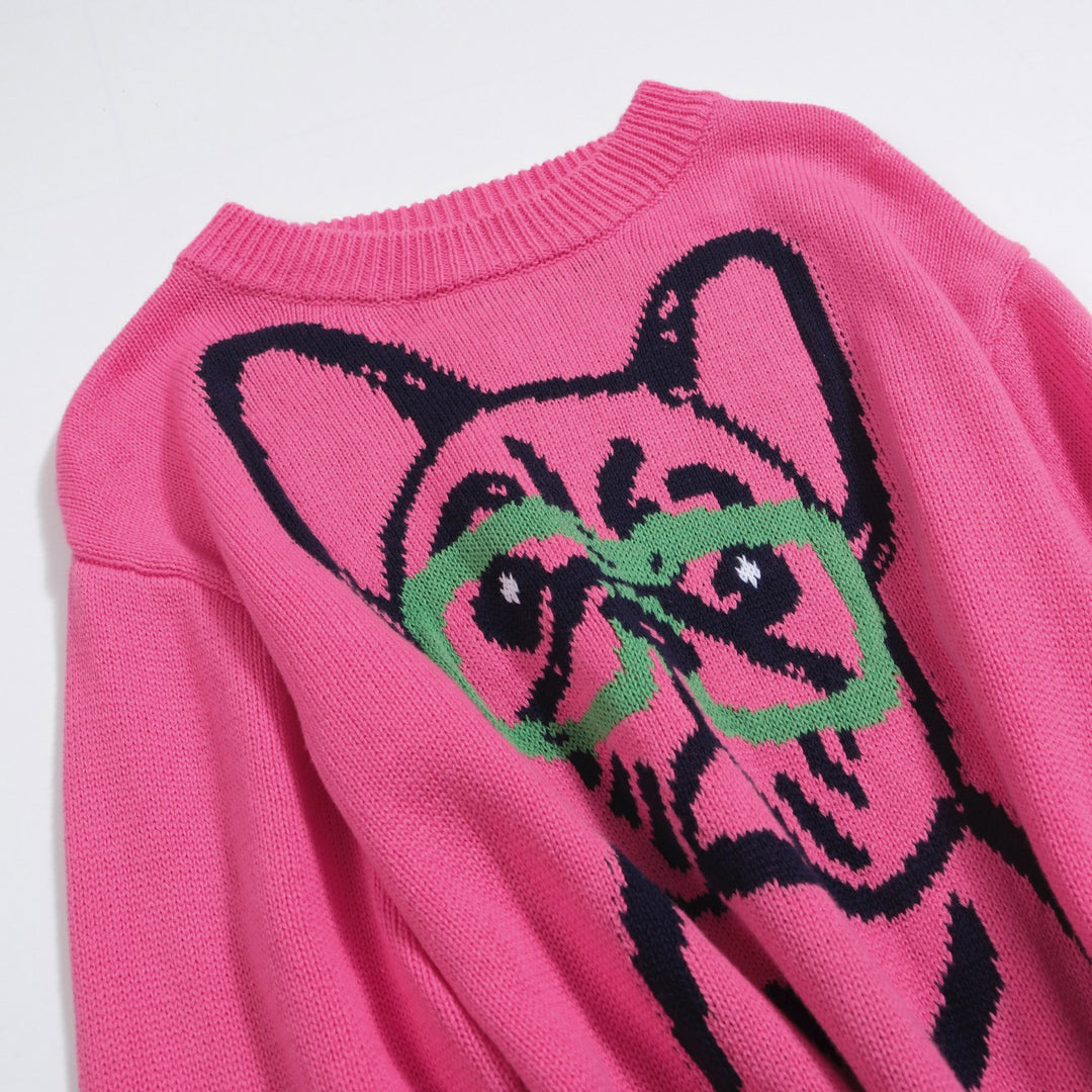 Suéter feminino rosa choque buldogue francês – malha peculiar com óculos e motivo de cachorro
