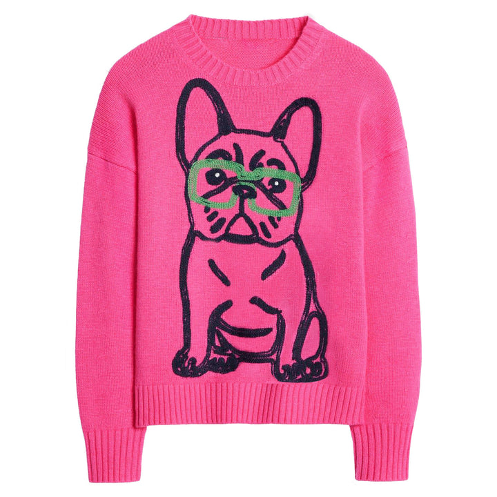 Suéter feminino rosa choque buldogue francês – malha peculiar com óculos e motivo de cachorro