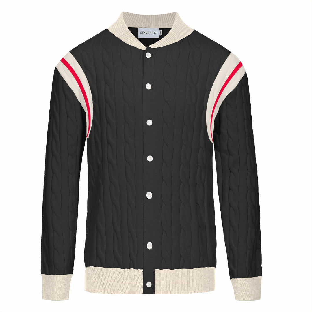 Men's Varsity Stripe Cable Knit Cardigan – Black with Cream & Red Accents