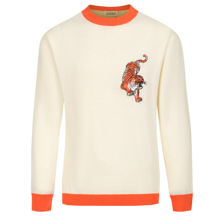 Men’s Cream Knitwear – Embroidered animal with Orange Trim