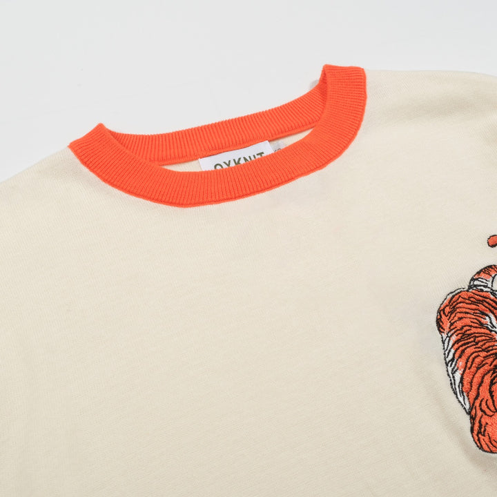 Men’s Cream Knitwear – Embroidered animal with Orange Trim