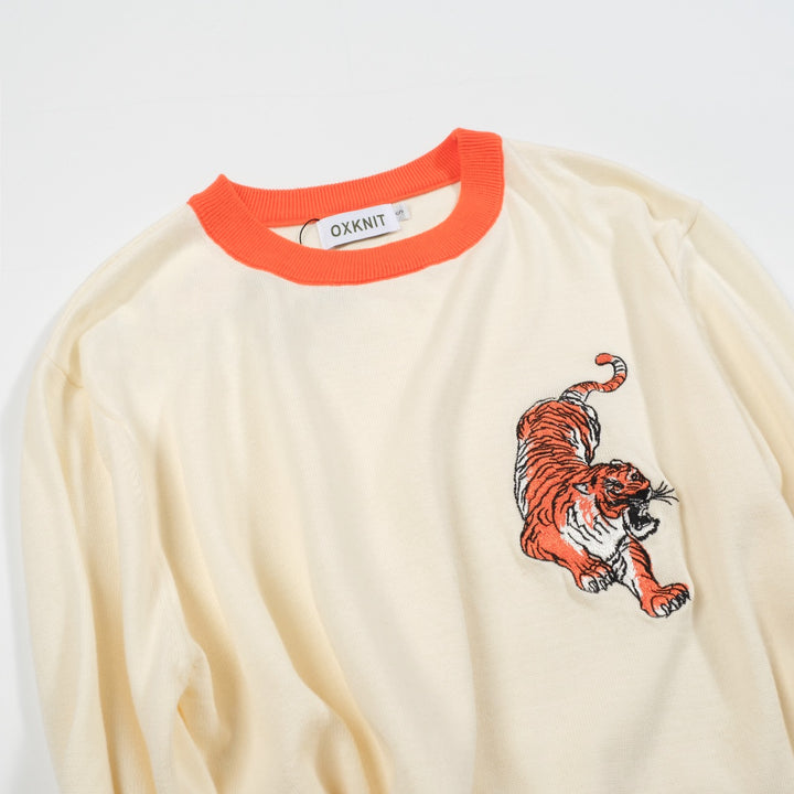 Men’s Cream Knitwear – Embroidered animal with Orange Trim