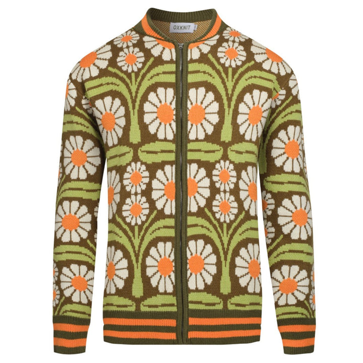 Men's Olive Green Daisy Zip-Up Knit Cardigan
