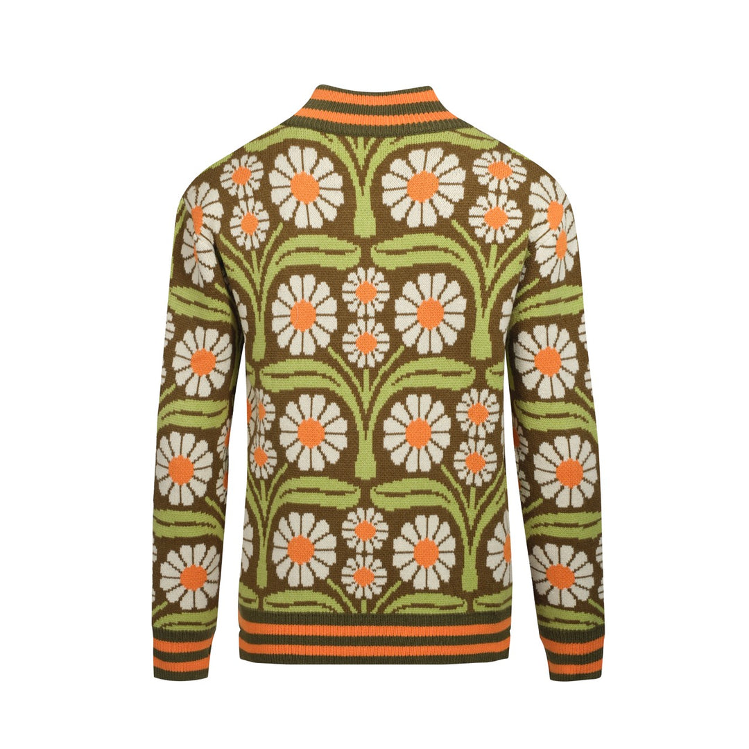 Men's Olive Green Daisy Zip-Up Knit Cardigan