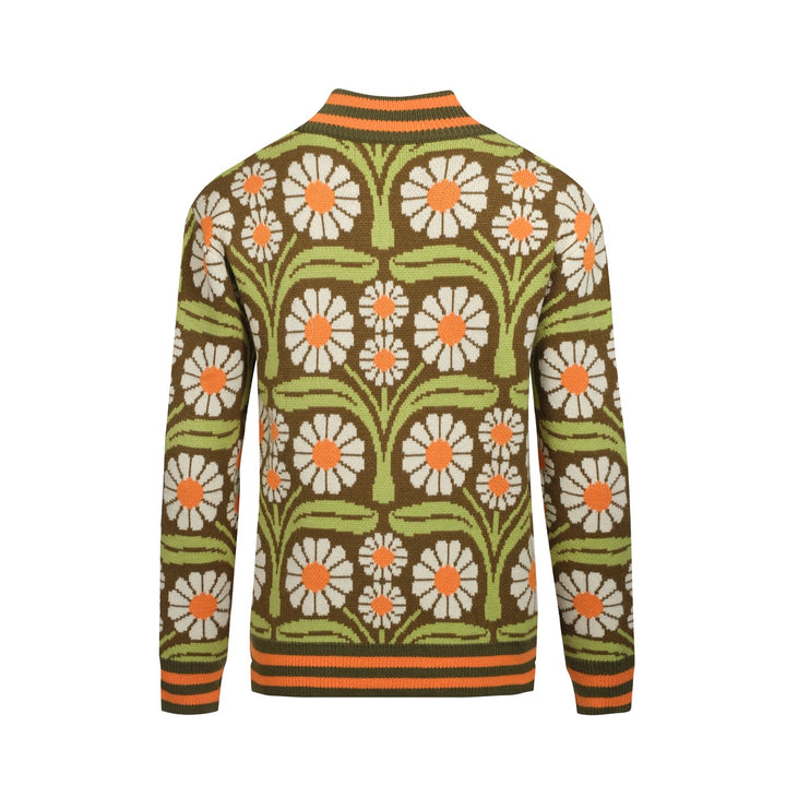 Men's Olive Green Daisy Zip-Up Knit Cardigan