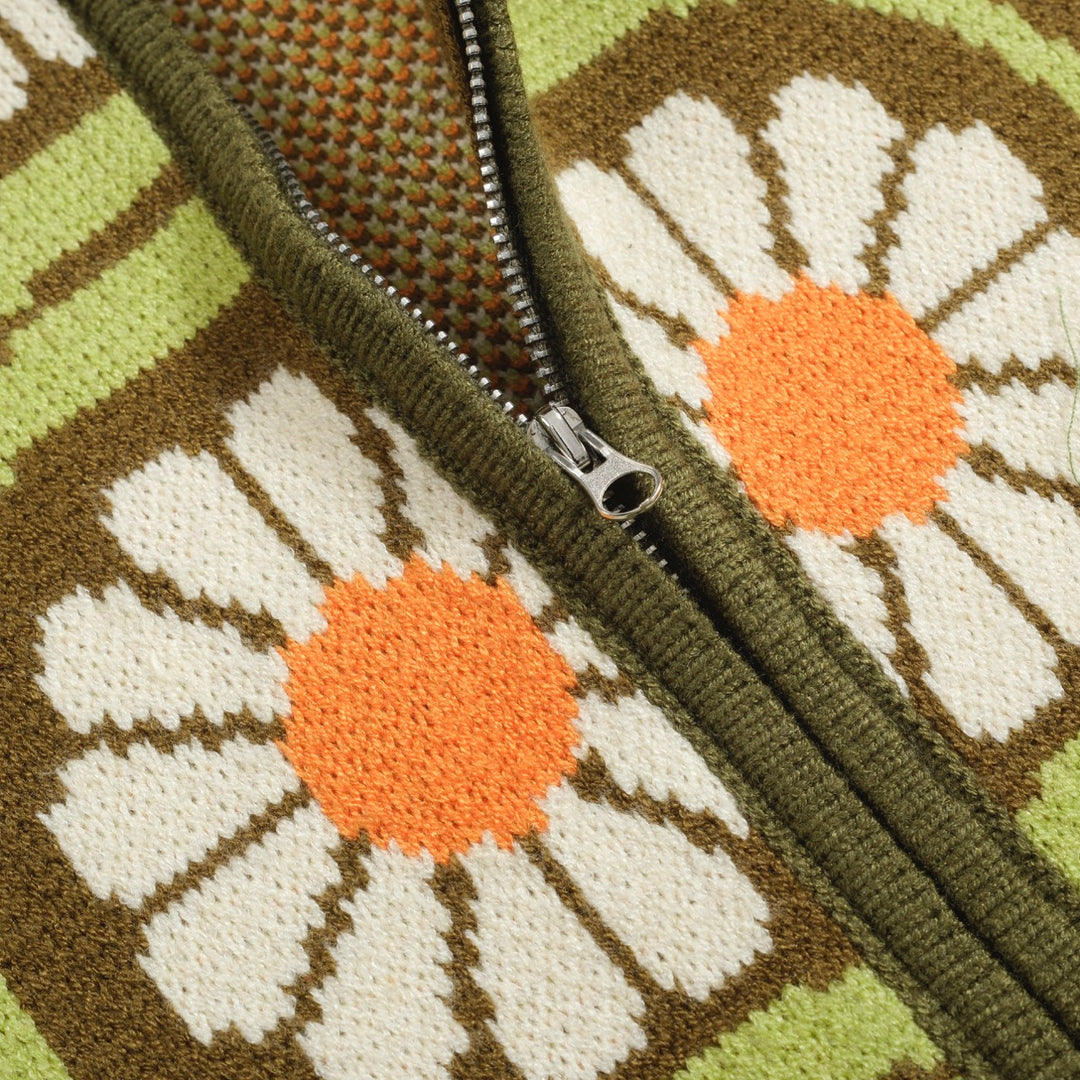 Men's Olive Green Daisy Zip-Up Knit Cardigan