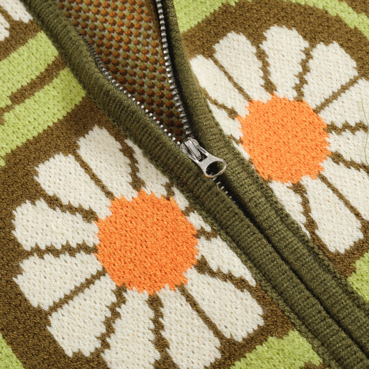 Men's Olive Green Daisy Zip-Up Knit Cardigan