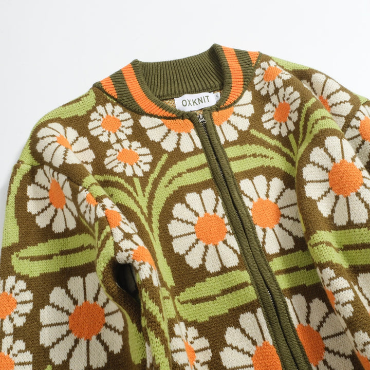 Men's Olive Green Daisy Zip-Up Knit Cardigan
