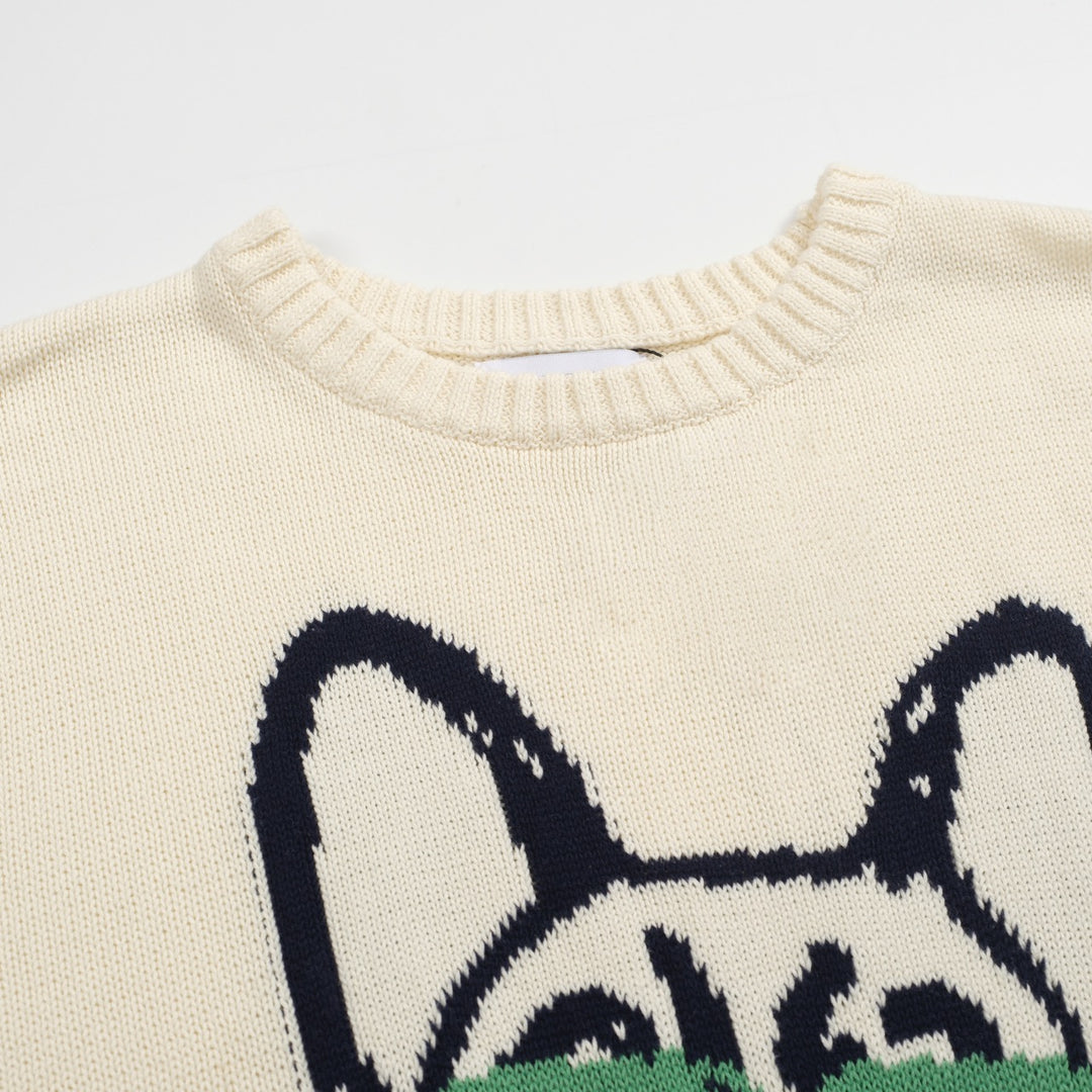 Herre Retro Strik Sweater – Vintage Cremefarvet Pullover med Fransk Bulldog & Briller Grafik