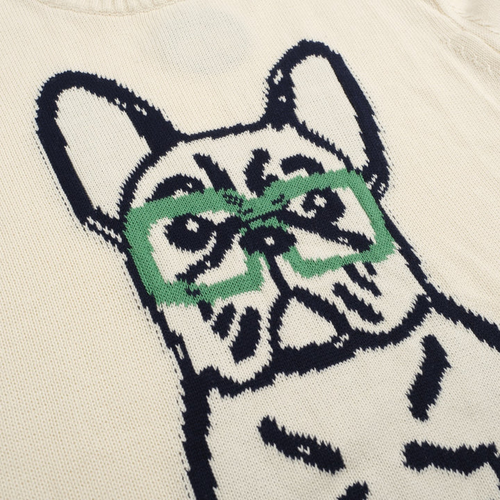Herre Retro Strik Sweater – Vintage Cremefarvet Pullover med Fransk Bulldog & Briller Grafik
