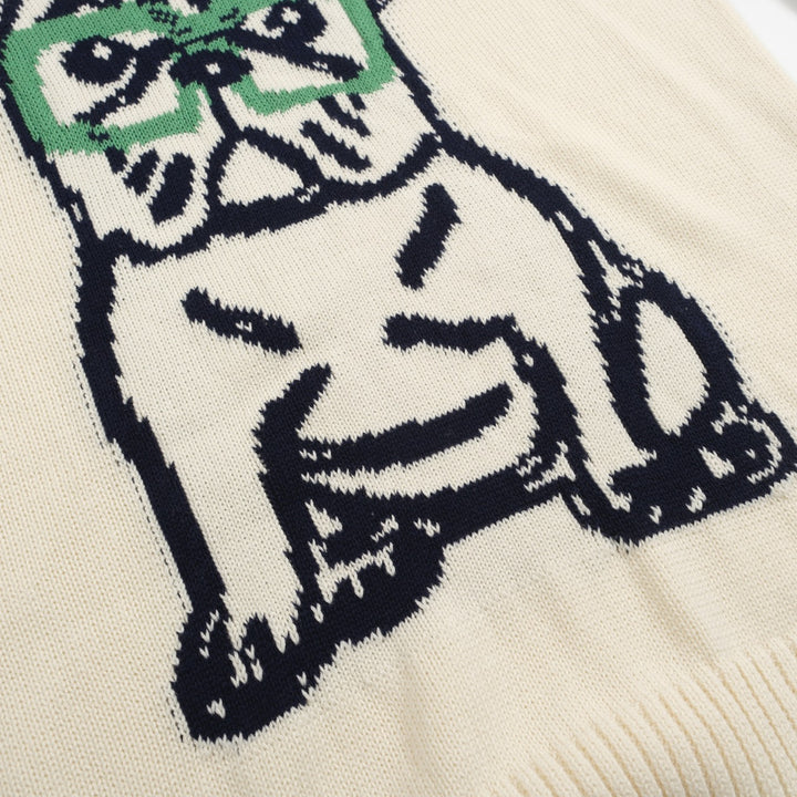 Herre Retro Strik Sweater – Vintage Cremefarvet Pullover med Fransk Bulldog & Briller Grafik