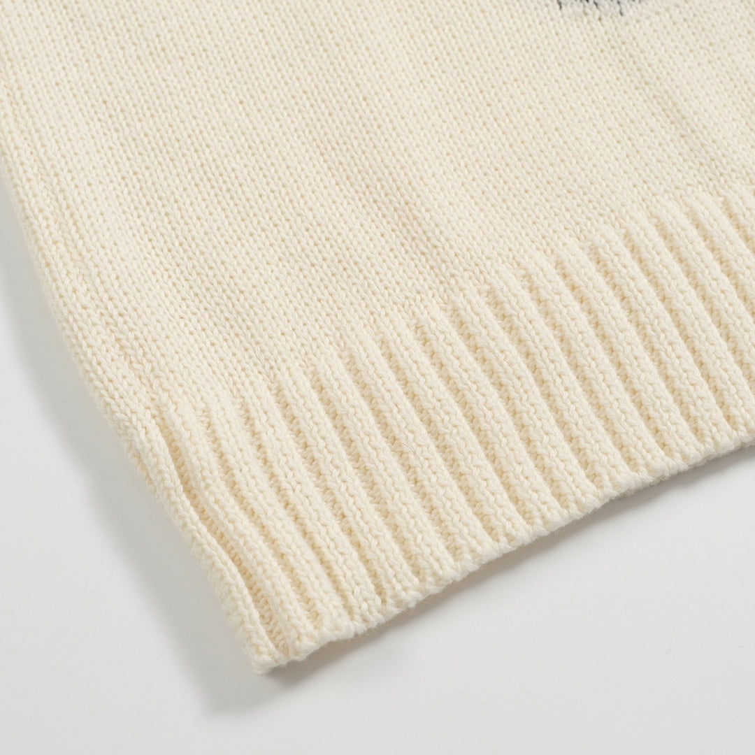 Herre Retro Strik Sweater – Vintage Cremefarvet Pullover med Fransk Bulldog & Briller Grafik