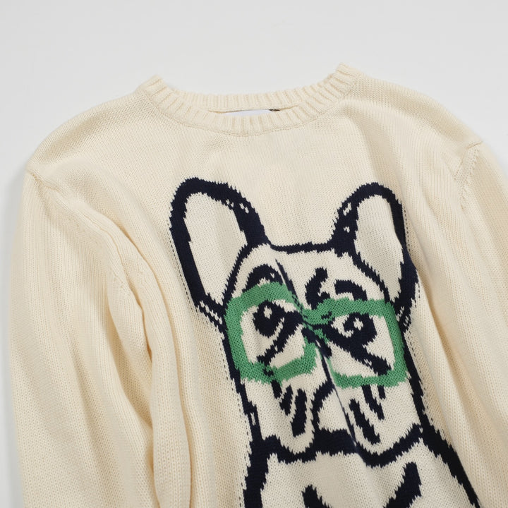 Herre Retro Strik Sweater – Vintage Cremefarvet Pullover med Fransk Bulldog & Briller Grafik
