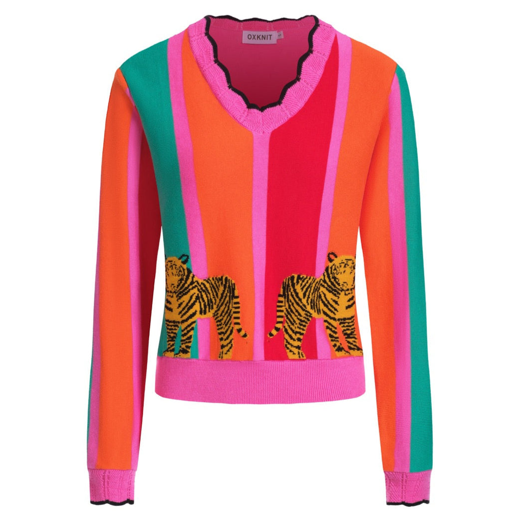 Women's multicolor striped animal V-neck knitwear-Cropped