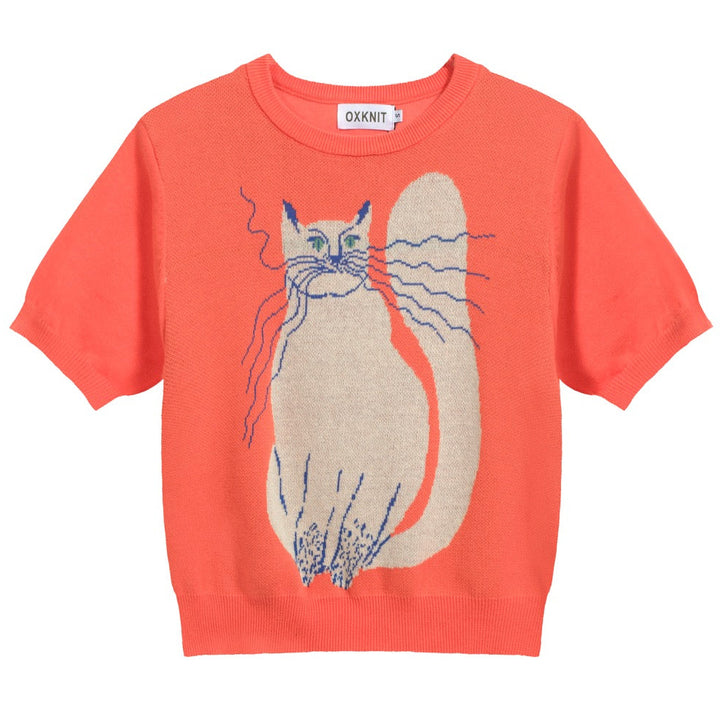 Camiseta feminina de malha jacquard gatinho laranja com comprimento cortado desenhado por Agathe Singer